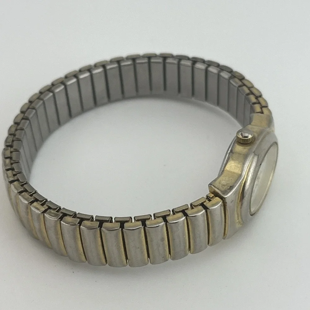 Vintage Brigade Watch Women 18mm Gold‎ Case Pearl Dial Stretch Band- New Battery